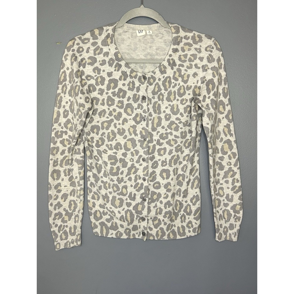 Gap Sweater Womens M Grey Leopard Fitted Cardigan Button Knit Academia Preppy